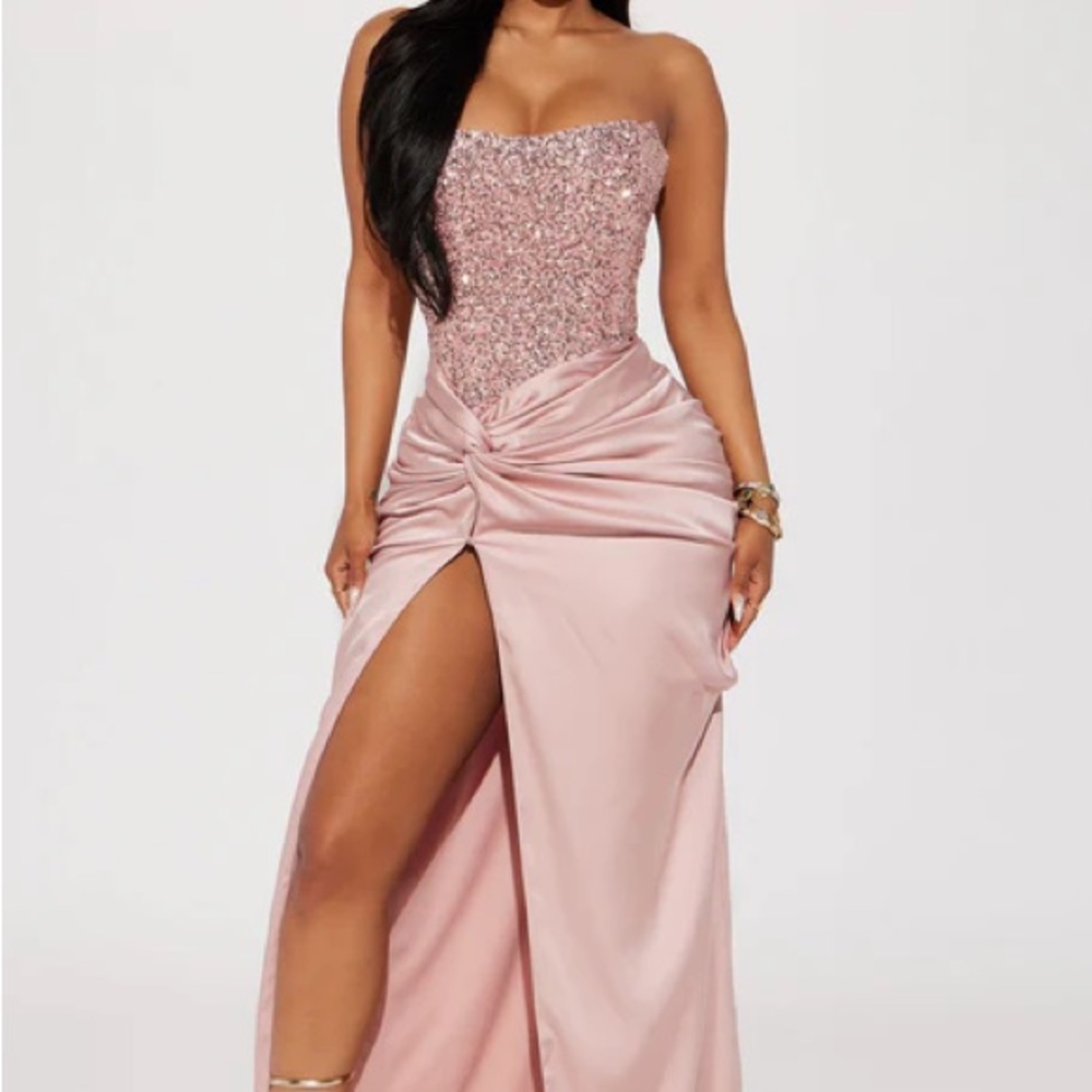 Fashion Nova Blush Strapless Maxi Dress Clara Sequin Satin Gown - Pink
